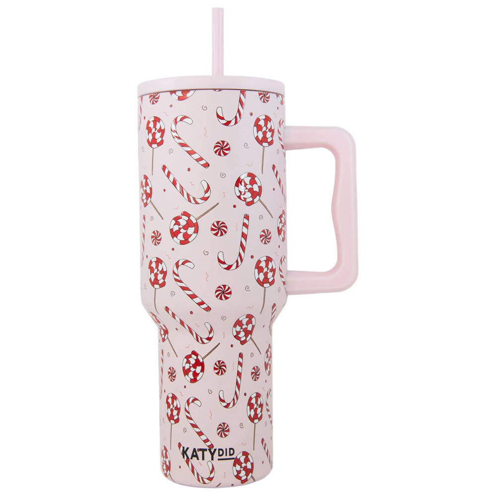 Candy Canes Christmas Tumbler Cup w/ Handle: Light Pink