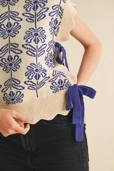 MOCK NECK FLORAL SWEATER VEST CROWN BLUE