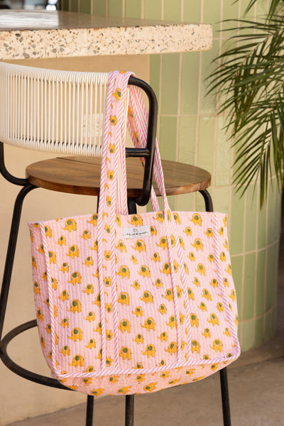 Reversible Quilted Block Printed Beach Bag - Elephants