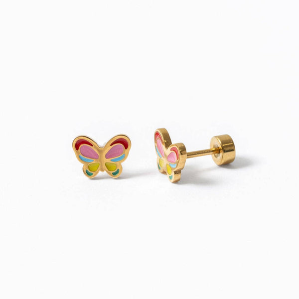 Colorful Butterfly Stud - Hypoallergenic, Flat Back, Girl: Pair