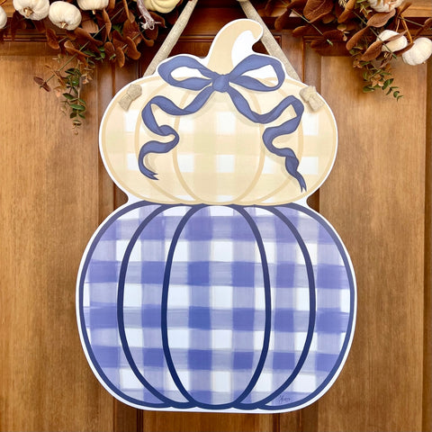 Blue and Khaki Plaid Stacked Pumpkins Door Hanger