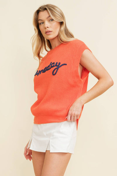'GAMEDAY" EMBROIDERED SLEEVELESS SWEATER VEST: Burnt Orange