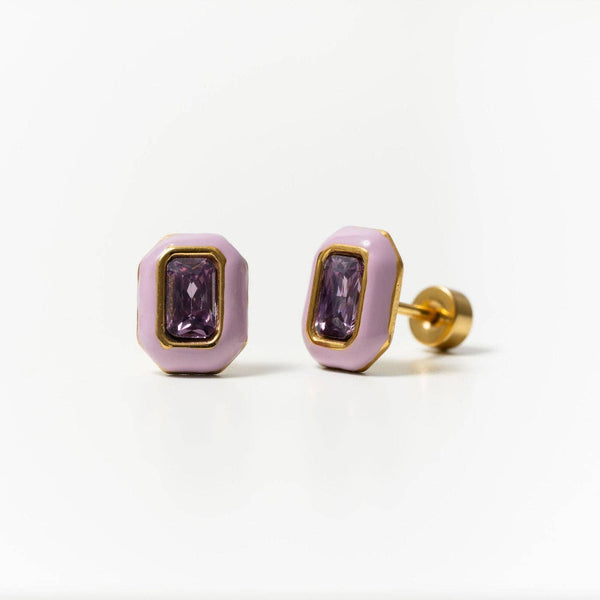 Emerald Enamel Gemstone Stud - Hypoallergenic, Flat Back: Pink / Pair