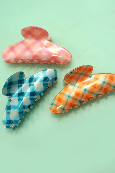 LARGE CHECKER OVAL HAIR CLAW CLIPS Mint/Blue