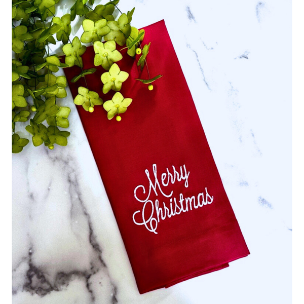 Merry Christmas Linen Towel - Christmas/Holiday: White