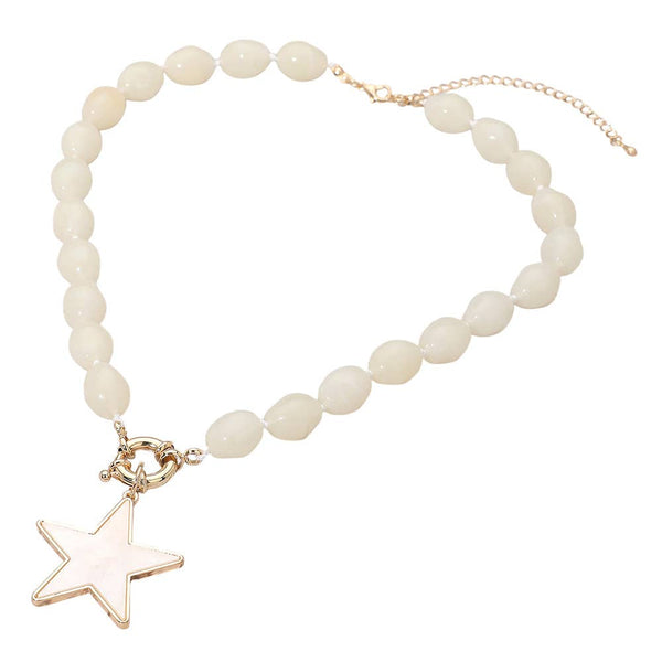Mother of Pearl Star Pendant Marbled Pebble Beaded Necklace: Blue,Gold