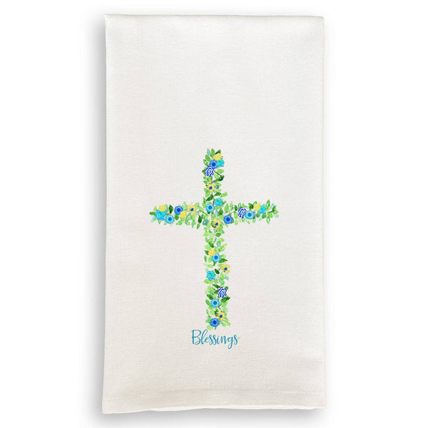 Blue Cross with Flowers and Quote: White Guest Towel / -