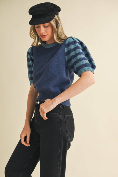 CONTRAST STRIPED PUFF SLEEVE SWEATER MSW10887: Pink