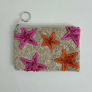 Silver Beaded Purse with Orange and Pink Stars