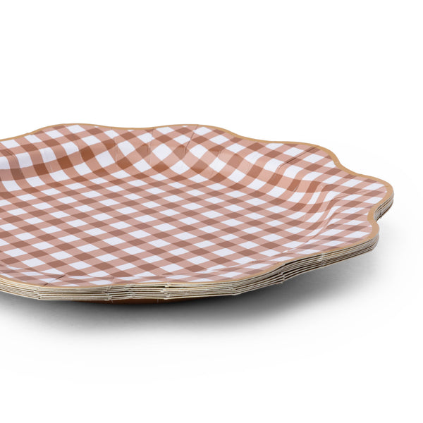 Mocha Brown Gingham Scalloped Plates (Set of 8)