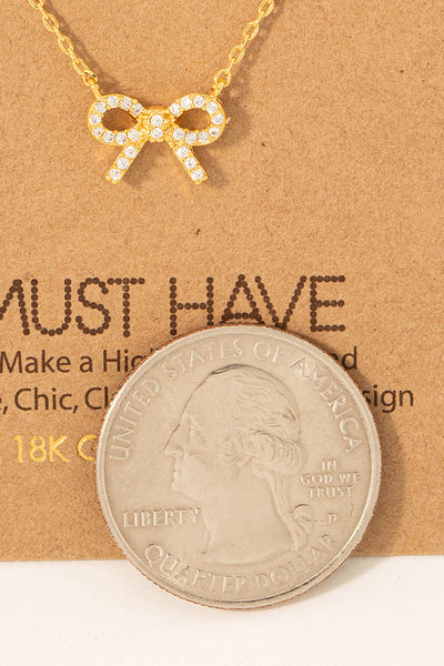 Gold Dipped Cz Stud Ribbon Bow Pendant Necklace: G