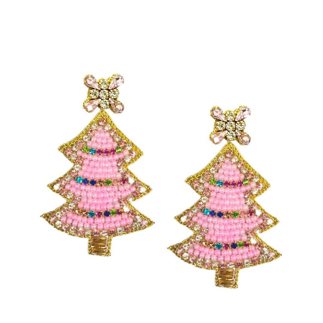 Christmas Tree Sparkle Earrings - Pink