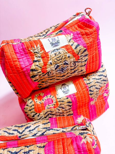 Pink/Orange Eye of the Tiger Quilted Cosmetic Bags-set of 3