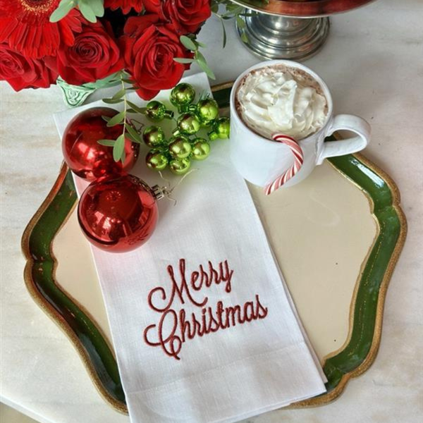 Merry Christmas Linen Towel - Christmas/Holiday: White