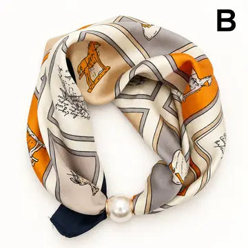 Small Silk Scarf and Pearl Clasp Necklace