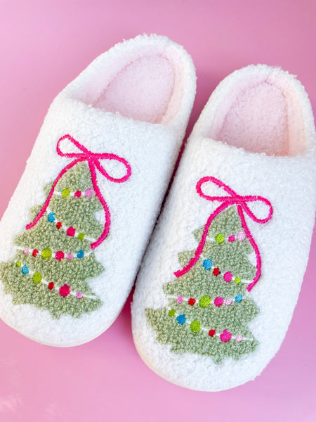 Pink Bow Christmas Tree Slippers - Adult - 4 sizes