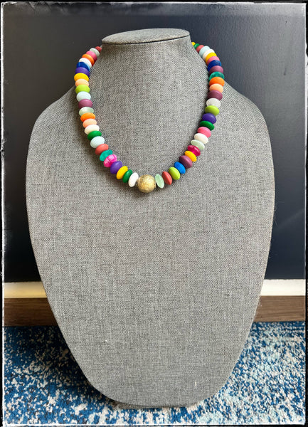 Midi Rainbow Acrylic Resin  Rondelle Bead Necklace Gold Ball