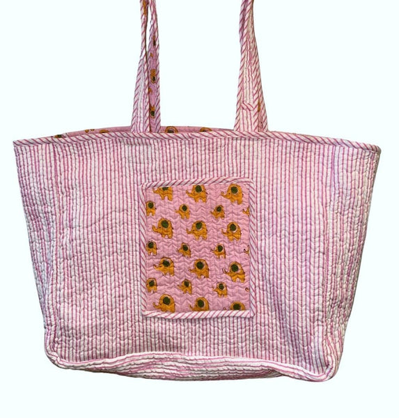 Reversible Quilted Block Printed Beach Bag - Elephants