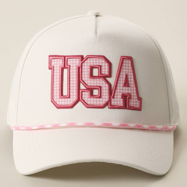 USA Gingham Embroidered Patch Rope Trucker Hat: PINK / One Size