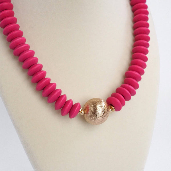 Wood Saucer Beads Short Statement Necklace Gold center Beige