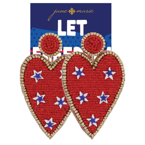 Red Beaded Patriotic Heart Earrings
