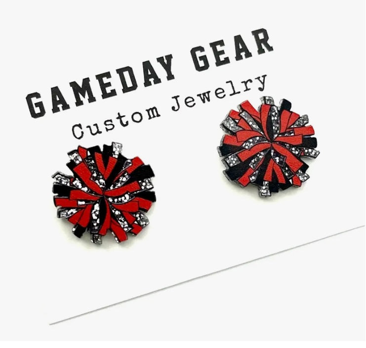 Red/Black/Silver Cheer Pom Pom Earrings