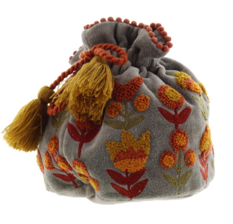 Jane Marie Mia Gray Velvet Embroidered Drawstring Jewelry Pouch