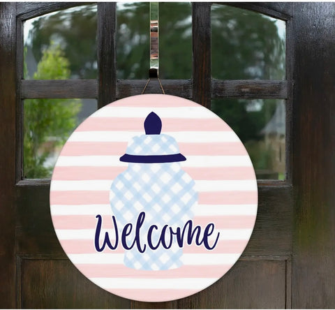 Pale Pink Stripe Ginger Jar Welcome 12” Door Hanger