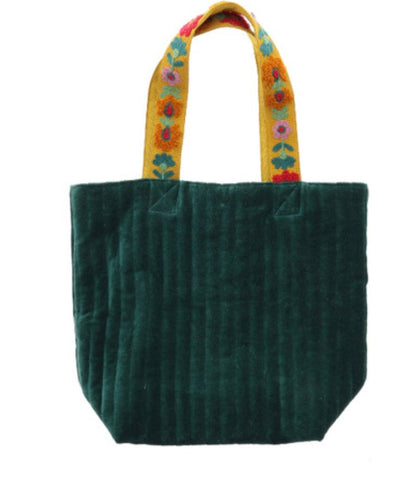 Jane Marie Bloom Green Velvet Tote with Embroidered Handles