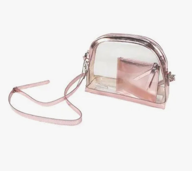 Pink Metallic Trim Clear Half Moon Crossbody