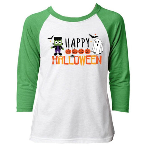 Kids Happy Halloween Green 3/4 Sleeve T-Shirt