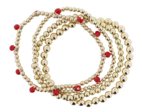 Jane Marie Set of 4 Gold Bead Bracelets with Red Dangles