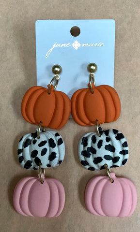 Jane Marie 3-Tiered Orange, Black and White, and Pink Pumpkins Earrings
