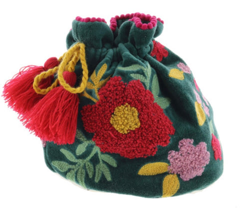 Jane Marie Blooming Green Velvet Embroidered Drawstring Jewelry Pouch