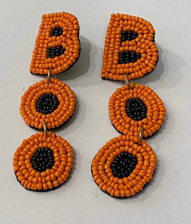 Orange and Black Beaded BOO Earrings