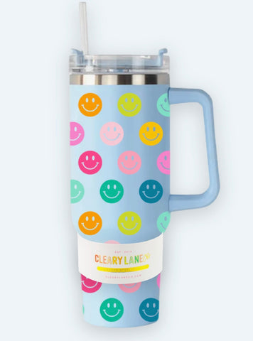 Light Blue/Multicolor Smiley Face Tumbler with Handle