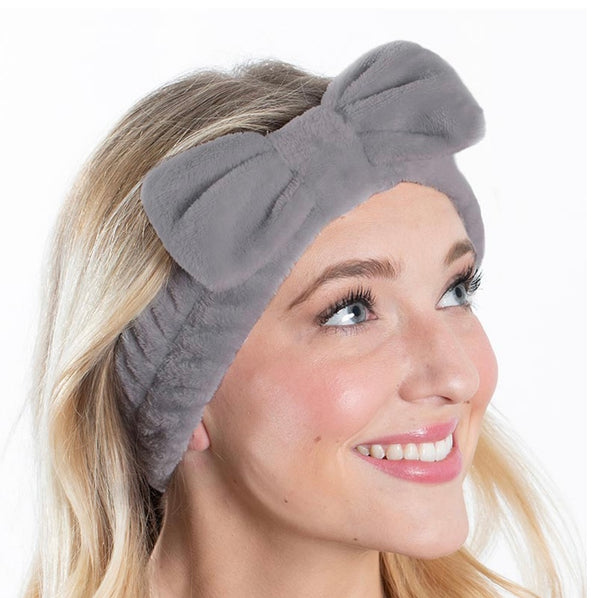 Gray Plush Bow Spa Headband