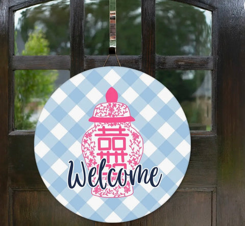 Blue Gingham/Hot Pink Ginger Jar Welcome 12” Door Hanger
