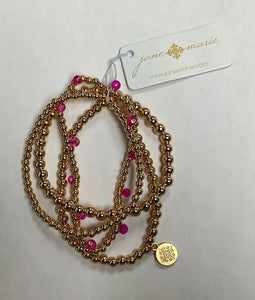 Jane Marie Set of 4 Gold Bead Bracelets with Hot Pink Dangles