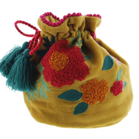 Jane Marie Bloom Gold Velvet Embroidered Drawstring Jewelry Pouch