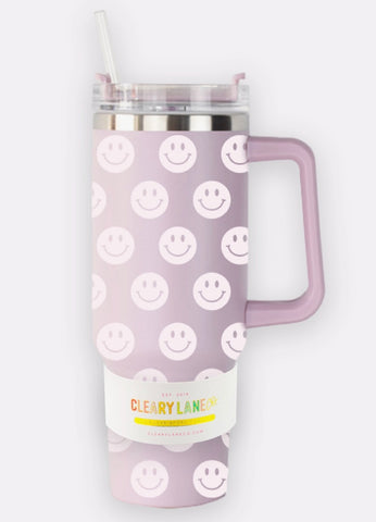 Light Purple/White Smiley Face Tumbler with Handle