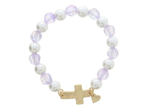 Kids Pearl and Lavender Sideways Cross Bracelet