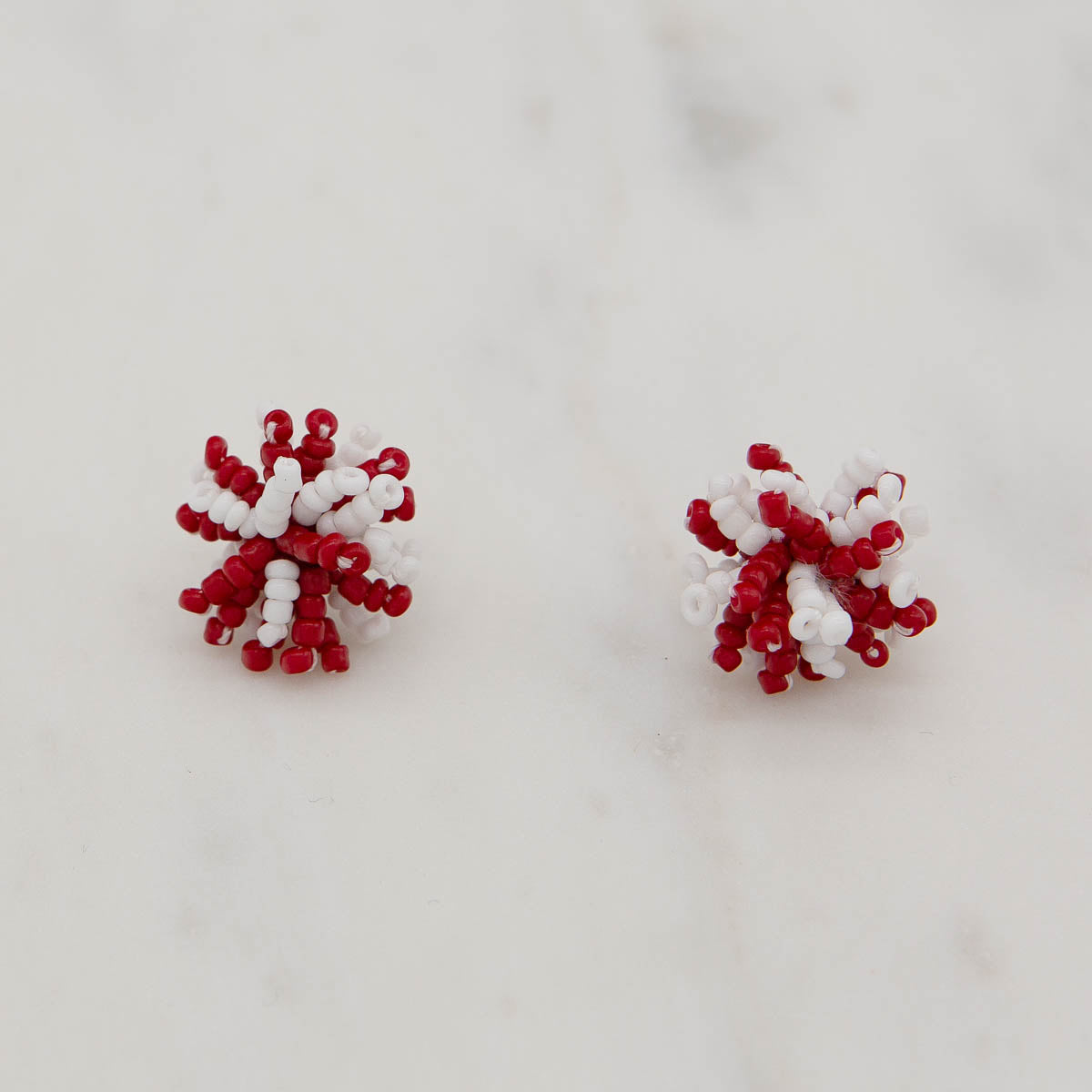 Red and White Pom Pom Stud Earrings