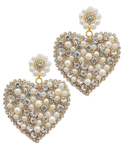 White/Clear Beaded /Crystal/Pearl Heart Earrings