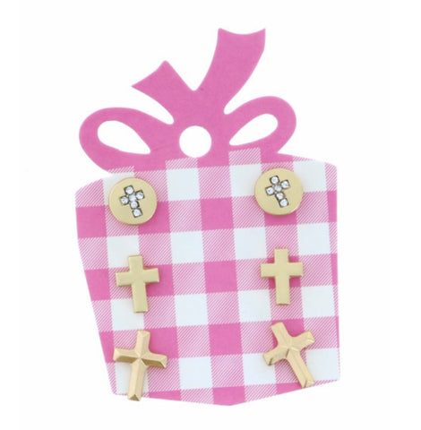 Pink Gingham Present of Set of 3 Gold Cross Earrings