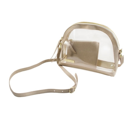 Clear Half Moon Crossbody Purse with Tan Accents