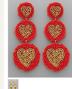 Red with Gold Hearts 3- Tiered Beaded Earrings