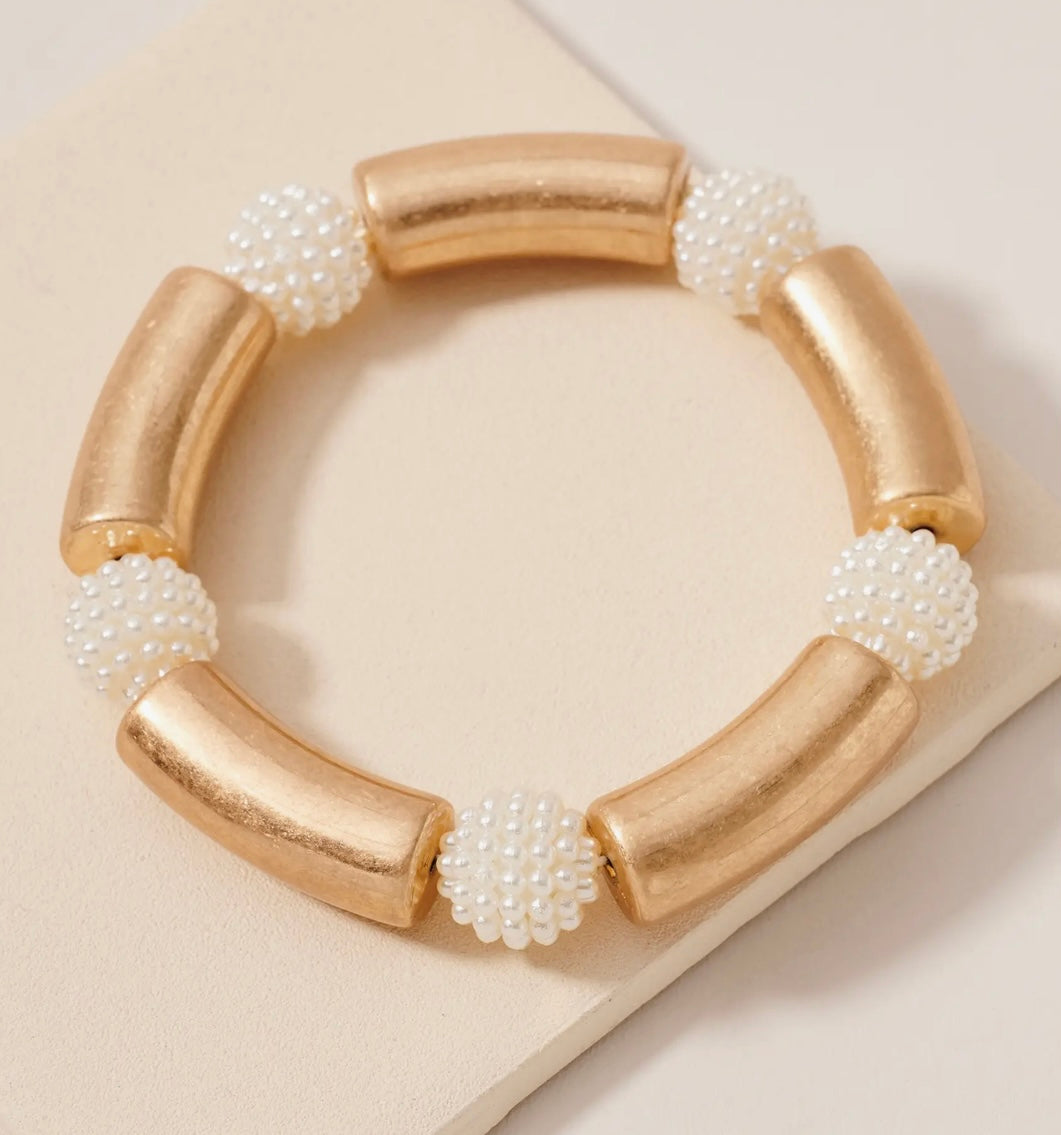 Long Gold Bead and Pearl Ball Stretch Bracelet