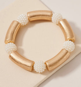Long Gold Bead and Pearl Ball Stretch Bracelet