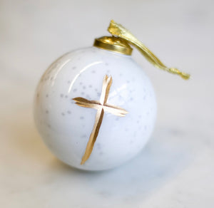 Gold Cross on White Ball Ornament
